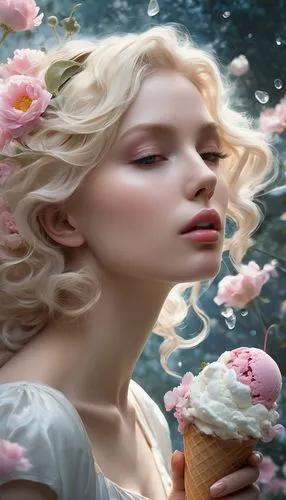 woman with ice-cream,confection,white rose snow queen,eglantine,scent of roses,whipped cream,Conceptual Art,Fantasy,Fantasy 11