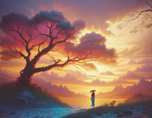 fantasy picture,tree of life,lone tree,fantasy landscape,lonetree,beautiful wallpaper,dreamscapes,dreamscape,world digital painting,nature and man,magic tree,dream world,landscape background,fantasy art,colorful tree of life,heavenward,wonderlands,creative background,isolated tree,imagination,Illustration,Realistic Fantasy,Realistic Fantasy 25