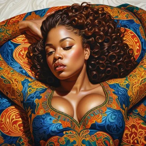 chrisette,woman on bed,oil painting on canvas,african american woman,ledisi,beautiful african american women,oil on canvas,liberian,african woman,ofili,reclining,bedspread,afrocentric,oshun,dream art,kelis,oil painting,woman laying down,art painting,teairra,Conceptual Art,Fantasy,Fantasy 16