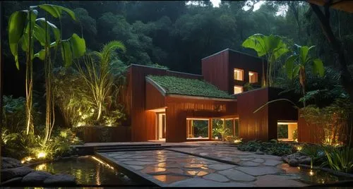 EL EXTERIOR DE UNA CASA CON ESTILO MEXCANO MODERNO, USO DE COLORES VIBRANTES, MATERIALES REFIONALES, TEJA, VIGAS DE MADERA, EN UN AMBIENTE EXUBERANTE, ESTANQUE DE AGUA AL FRENTE, PROPORCION, EXCELENTE