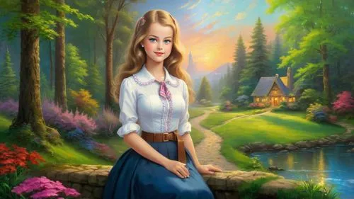 Romantic masterpiece oil painting, cute girl portrait, nostalgic 1950's style kitsch, beautiful exotic landscape, lush vibrant springtime forest paradise scenery, by Thomas Kinkade, by Bob Ross, high 