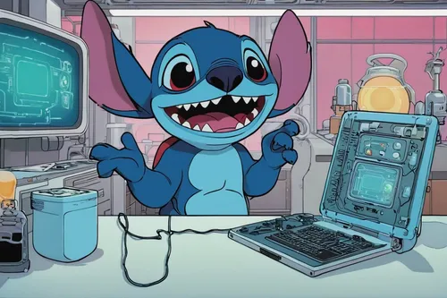 Describe Stitch's chaotic and hilarious encounter with a high-tech gadget in a futuristic laboratory.,stitch,dishwasher,laboratory,chemical laboratory,barebone computer,icemaker,computer mouse,star ki