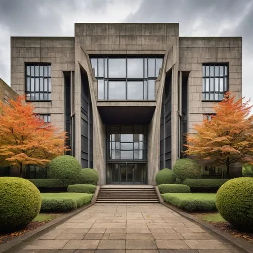 Manchester University architecture, Ashworth Laboratories building, brutalist style, concrete structure, geometric shapes, angular lines, modernist design, Oxford Road campus, urban landscape, autumn 