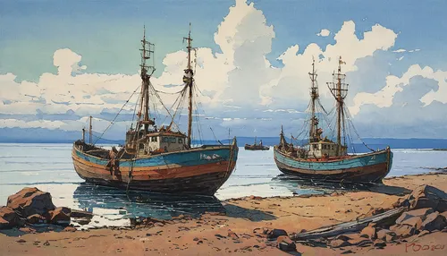 fishing boats,boats in the port,small boats on sea,wooden boats,old ships,boats,boat landscape,arthur maersk,sailing ships,sailing boats,sea landscape,landscape with sea,lake baikal,three masted sailing ship,titicaca,arnold maersk,coastal landscape,sea sailing ship,hellenistic-era warships,galleon,Illustration,Realistic Fantasy,Realistic Fantasy 12