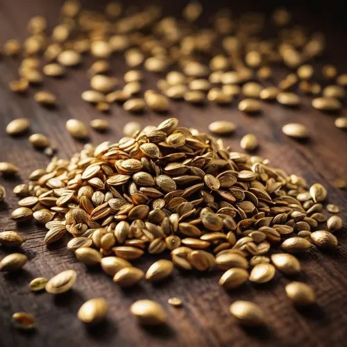 Golden number seeds, scattered on rustic wooden table, warm lighting, shallow depth of field, blurred background, soft focus, gentle composition, still life, macro photography, natural materials, eart