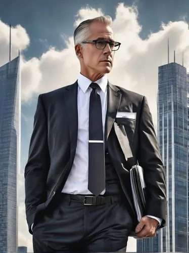 Mature man, architect, formal wear, white shirt, black tie, black suit, glasses, briefcase, serious expression, standing, office building, skyscraper, cityscape, daytime, clear sky, 3/4 composition, s