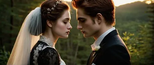 Bella Swan, Edward Cullen, couple, romantic, 18yo, beautiful detailed eyes, soft blush, brown hair, pale skin, handsome, elegant suit, white shirt, black tie, wedding dress, lace veil, flowers in hair