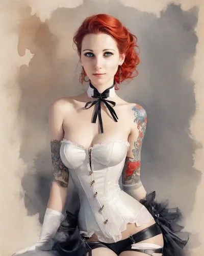 watercolor pin up,corsetry,redhead doll,victorian lady,valentine pin up,burlesques,Digital Art,Watercolor