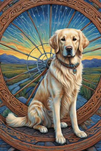 golden retriever,golden retriver,retriever,labrador,disc dog,labrador retriever,nova scotia duck tolling retriever,labradoodle,companion dog,dog angel,goldendoodle,zodiac sign leo,zodiac sign libra,gun dog,dog frame,blonde dog,bohemian shepherd,dharma wheel,canidae,dog,Illustration,Realistic Fantasy,Realistic Fantasy 41