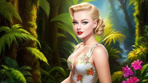 Romantic masterpiece oil painting, beautiful girl portrait, nostalgic 1950's style kitsch, vibrant rainforest landscape, lush tropical jungle paradise, beautiful natural scenery, lost wilderness, by T