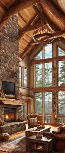 the cabin in the mountains,chalet,log home,alpine style,log cabin,cabin,house in mountains,house in the mountains,summer cottage,fire place,rustic aesthetic,sunroom,rustic,lodge,fireplace,mountain hut,cabane,cottage,ski resort,ski station,Illustration,Realistic Fantasy,Realistic Fantasy 39