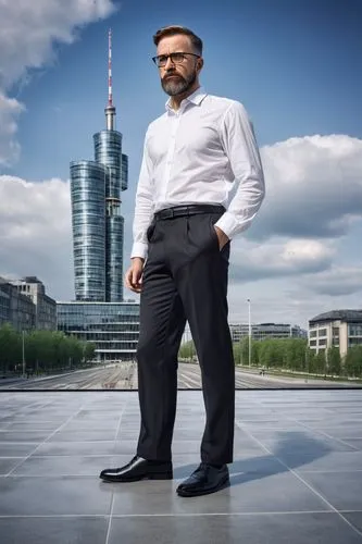 Mature gentleman, architect, 40s, glasses, short hair, beard, white shirt, black trousers, leather shoes, holding blueprints, standing, modern German architecture building, Berlin, glass and steel str