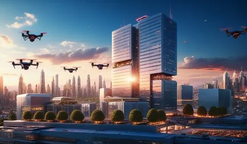 Hundreds of giant drones are flying in the sky, and people are leisurely waiting for them on rooftops.,many aerial airplanes fly over some tall buildings,cybercity,quadcopter,the pictures of the drone