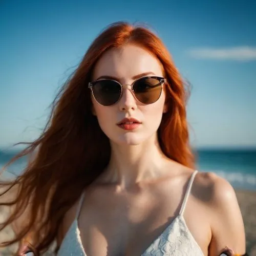 redhead girl on the beach with long hair,sunglasses,sun glasses,redhair,redhead,redheads,yelizaveta