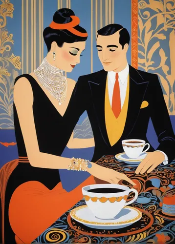 roaring twenties couple,art deco woman,art deco,flapper couple,roaring twenties,tea service,café au lait,parisian coffee,vintage man and woman,woman drinking coffee,coffee tea illustration,lapsang souchong,french coffee,earl gray,retro 1950's clip art,vintage illustration,high tea,cup and saucer,tea drinking,tea time,Illustration,Retro,Retro 26