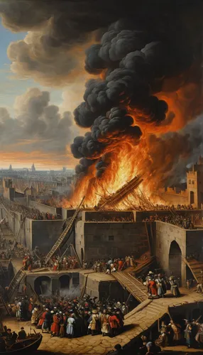 The Great Fire of London, 1666. Oil on canvas. This painting derives from an original by Jan Griffier the Elder (c. 1645/52-1718), it is not dated or signed. The Great Fire of London started in a bake