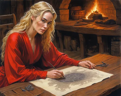 girl studying,woman playing,fire artist,portrait of christi,blonde woman reading a newspaper,candlemaker,girl drawing,oil painting,meticulous painting,italian painter,artist portrait,portrait of a girl,painting technique,scholar,woman at the well,mystical portrait of a girl,woman thinking,blacksmith,young woman,oil painting on canvas,Illustration,Realistic Fantasy,Realistic Fantasy 32