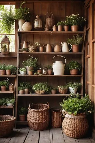 wooden buckets,plants in pots,garden shed,garden pot,garden herbs,houseplants,potted plants,wicker baskets,planters,herbology,rustic,kitchen garden,shelving,mudroom,potting,farmstand,wooden shelf,shelves,pots,wooden flower pot,Photography,Artistic Photography,Artistic Photography 14