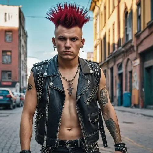 Михаил Шуфутинский в виде панка,a tattooed male wearing heavy leather in an alley,vyvyan,sauli,kottak,punk,mohawk,dirkschneider,Photography,General,Realistic