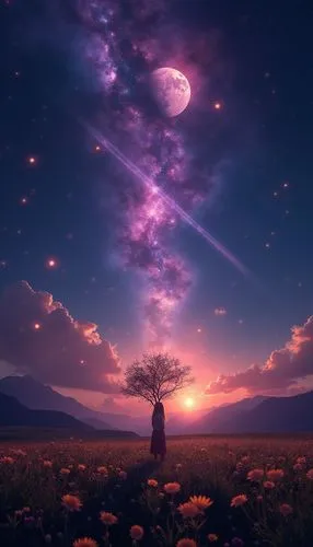 purple landscape,fantasy picture,dreamscape,purple moon,moon and star background,lone tree,Photography,General,Realistic