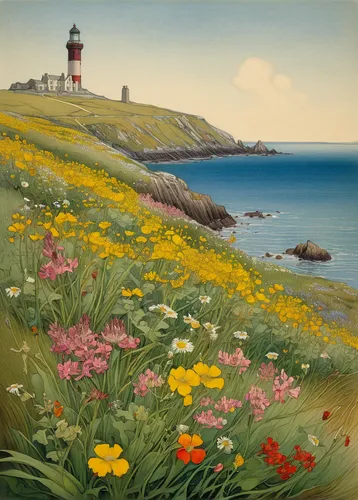 cape marguerites,cape marguerite,coastal landscape,lighthouse,isle of may,light house,crisp point lighthouse,point lighthouse torch,electric lighthouse,carol colman,seaside daisy,maine,flower painting,sea beach-marigold,red lighthouse,petit minou lighthouse,headland,cape cod,nubble,battery point lighthouse,Illustration,Retro,Retro 19