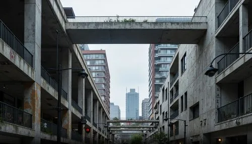 Weathered steel beams, rugged concrete pillars, industrial-style lamps, suspended walkways, cable-stayed systems, geometric latticework, brutalist architecture, urban cityscape, misty morning, soft di