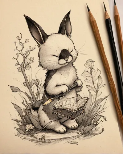 Experiment with procreate brushes that mimic traditional pencil drawings.,charcoal nest,little rabbit,gardening,little bunny,spring nest,picking flowers,bunny on flower,peter rabbit,line art animals,e