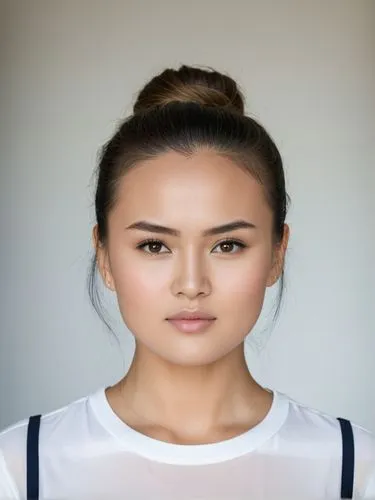 Full-size sample portrait,a female with brown eyes in a white shirt and black overall,hapa,mongolian girl,kazakh,eurasians,asian woman,eurasian,Photography,Documentary Photography,Documentary Photogra