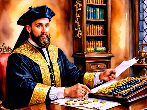 Merchant, wealthy man, golden accessories, luxurious beard, historical clothing, velvet cloak, ornate hat, holding abacus, sitting at desk, stacks of gold coins, scrolls and papers, Renaissance-style 