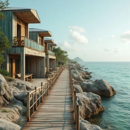 floating huts,over water bungalows,beachfront,house by the water,oceanfront,3d rendering,shorefront,wooden pier,stiltsville,seaside resort,over water bungalow,seaside view,stilt houses,render,beach resort,wood and beach,holiday villa,boardwalks,renderings,shoreside,Photography,General,Realistic