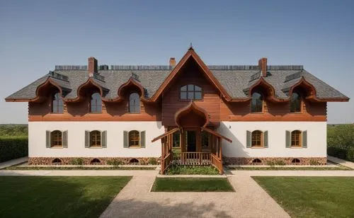 small modern house surrounded by a garden.
The walls are white. Gray roof.,the large modern house has two cars parked outside,danish house,house shape,crispy house,frame house,frisian house,architektu