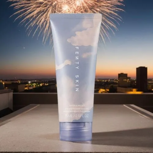 a tube of body wash on a table, with a city skyline in the background,hanabi,amway,firework,our vodka,oriflame,rexona,Small Objects,Outdoor,Fireworks