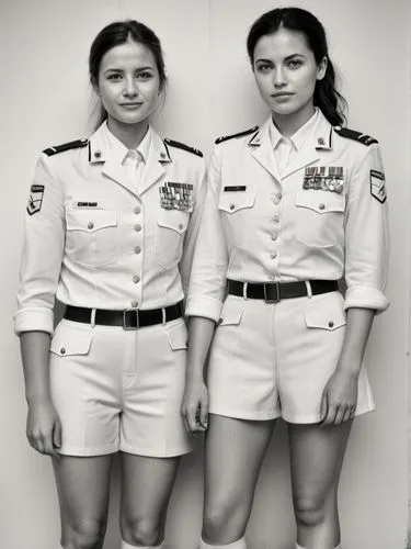 Black and white high resolution photography: The female soldiers walk side by side and appear relaxed, despite being in a military environment. They exchange warm smiles, showing their close friendshi