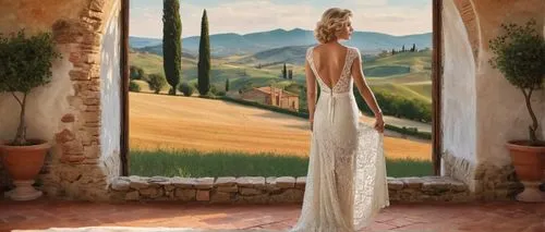 girl in a long dress,girl in a long dress from the back,tuscan,toscane,toscana,world digital painting,long dress,italian painter,tuscany,wedding dress,bridal gown,wedding gown,romantic portrait,bridal dress,evening dress,blonde in wedding dress,campagna,fantasy picture,landscape background,vettriano,Illustration,Vector,Vector 07