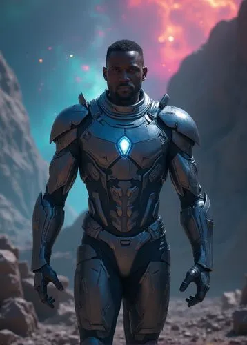 32k photo-realistic, high definition, Hyper-realistic: A full-body shot of John David Washington as a powerful new superhero, wearing a sleek, futuristic silver and blue armor that glimmers under inte