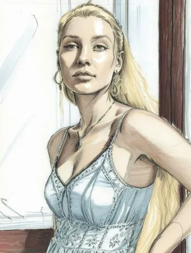 simple drawing of a woman with blonde hair in a dress near a window,a drawing of a blonde woman with blond hair in dress,margaery,margairaz,galadriel,morgause,sigyn,arianrhod,Conceptual Art,Fantasy,Fa