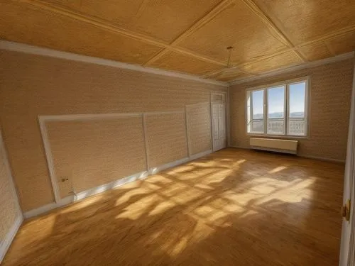 daylighting,danish room,empty room,window blind,empty interior,hallway space,patterned wood decoration,room divider,attic,window covering,wood floor,wooden floor,modern room,bamboo curtain,window blin