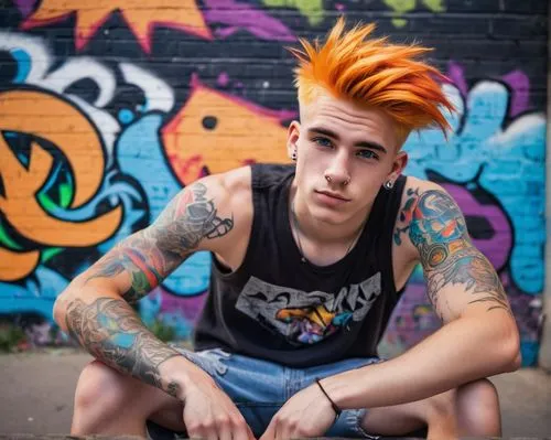 cute freak, young boy, colorful hair clips, messy orange hair, bold eyebrows, bright blue eyes, small nose ring, white tank top, ripped denim shorts, black sneakers, colorful tattoos on arms, sitting 