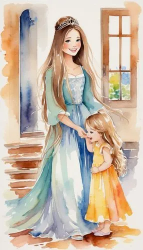 little girl and mother,watercolor women accessory,children's fairy tale,watercolor baby items,kate greenaway,mother with child,princesses,mother and daughter,capricorn mother and child,stepmother,mother-to-child,mother and child,blessing of children,baby with mom,mother with children,mom and daughter,little girl dresses,watercolor painting,fairy tale character,mother's,Illustration,Paper based,Paper Based 25