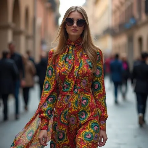 a woman wearing a dress with an oversize coat over her shoulders,caftans,caftan,kaftans,kaftan,woman in menswear,colorful floral,Photography,General,Natural