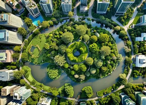 urban park,aerial landscape,scampia,aerial view umbrella,bird's eye view,bird's-eye view,tiergarten,central park,chengdu,urban design,biopolis,circle around tree,green space,roof landscape,ecotopia,terraformed,urbanism,from above,tehran aerial,drone shot,Photography,General,Realistic