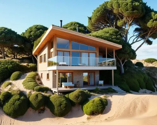 a small dwelling in the dunes, not too sandy, with lot of trees around. the dwelling is cute, has an moss roof, with solar panels, the dwelling has an terras at the first floor. the dwelling is not to