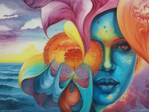 a painting of a woman with her head in her hands,shpongle,vibrantly,symbioses,vibrancy,entheogenic,psychedelia,Illustration,Realistic Fantasy,Realistic Fantasy 25