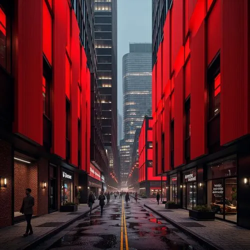 Vibrant red curtains, bold black outlines, geometric shapes, abstract forms, avant-garde architecture, industrial materials, exposed brick walls, metallic accents, dynamic lighting, dramatic shadows, 