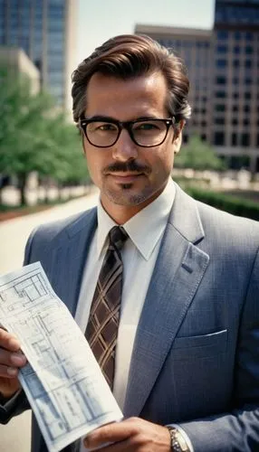 Middle-aged man, architecture designer, Dearborn city, modern office building, standing, confident pose, black-framed glasses, short brown hair, stubble beard, white shirt, dark blue suit, tie with ge