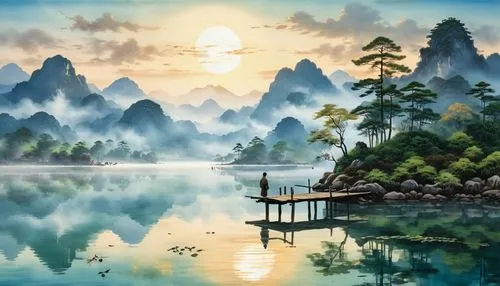 Soft sunrise over tranquil lake, misty morning ambiance, lone figure fishing on wooden dock, intricate pen and ink details, Wu Li inspired landscape, Guan Shanyue influence, Gyokudō Kawai's soft featu