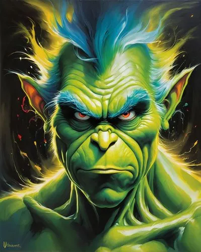 grinch , plasma body swirling patterns of electric hues. Face appears angry and fierce, with intense, glowing eyes and sharp, elongated features. ,blanka,yapor,iskar,fel,lokportrait,energex,saikuar,se