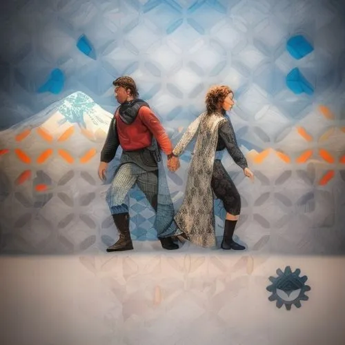 iconic image of two lovers, a man and a woman holding hands while stepping away from each other, on Earth made of patterns with a mountain in the distance, dynamic volumetric lighting,chasm,tileable p