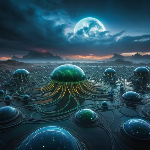 alien planet,alien world,underwater landscape,mushroom landscape,ocean floor,undersea,jellyfishes,jellyfish,sci fiction illustration,deep sea,blue planet,cnidaria,the bottom of the sea,sea-life,deep sea nautilus,under sea,sea jellies,fantasy landscape,seabed,futuristic landscape,Photography,General,Sci-Fi