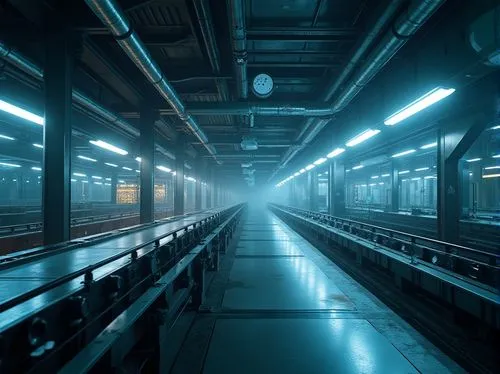 Industrial factory setting, futuristic machinery, neon-lit catwalks, metallic beams, exposed ductwork, minimalist decor, sleek steel surfaces, angular lines, elevated platforms, conveyor belt systems,